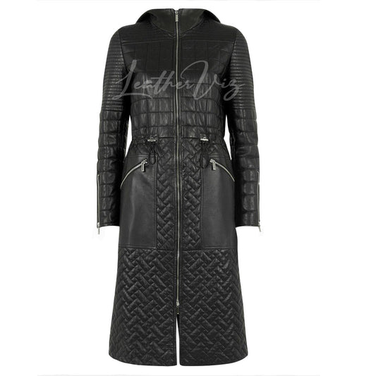 LEATHER MULTI STITCH QUILTED TRENCH COAT FOR WOMEN