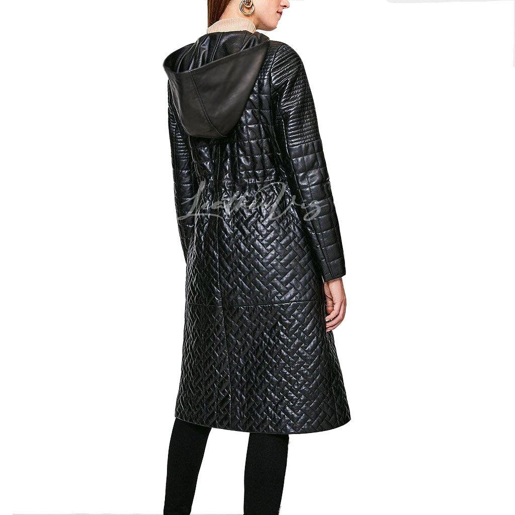 LEATHER MULTI STITCH QUILTED TRENCH COAT FOR WOMEN