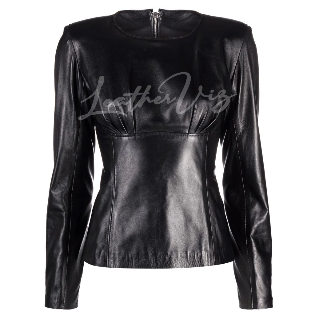 LONG-SLEEVE PANELLED DETAILING WOMEN LEATHER TOP