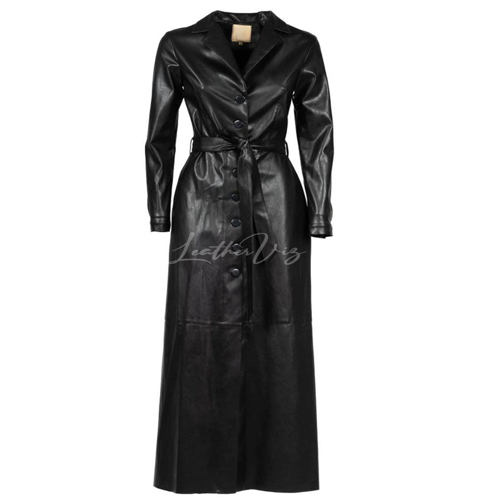 LONG BUTTON-UP WOMEN LEATHER TRENCH COAT