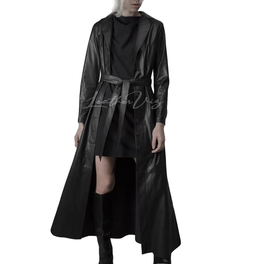 LONG BUTTON-UP WOMEN LEATHER TRENCH COAT