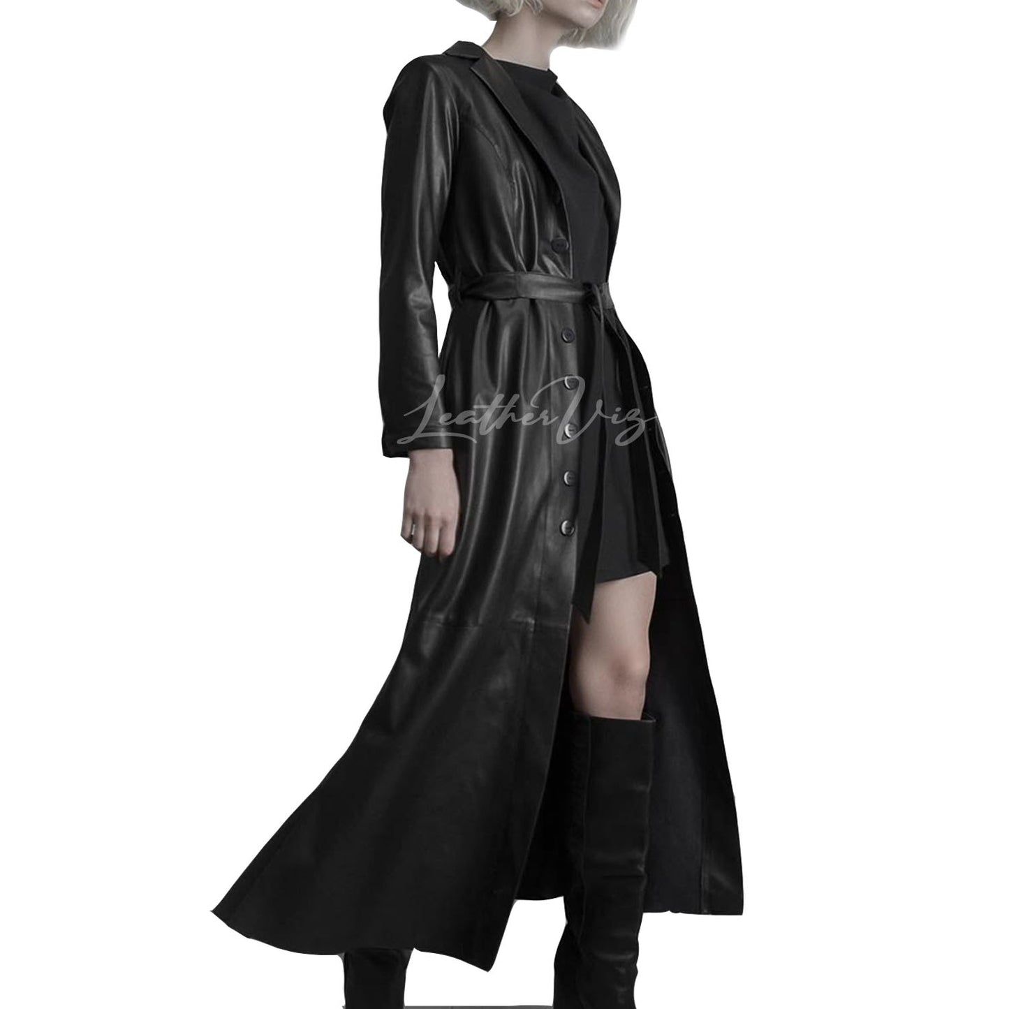 LONG BUTTON-UP WOMEN LEATHER TRENCH COAT