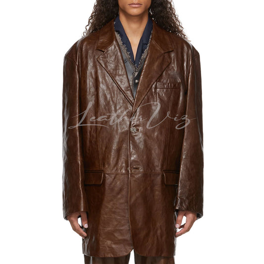 LOOSE FITTING MEN BROWN LEATHER COAT