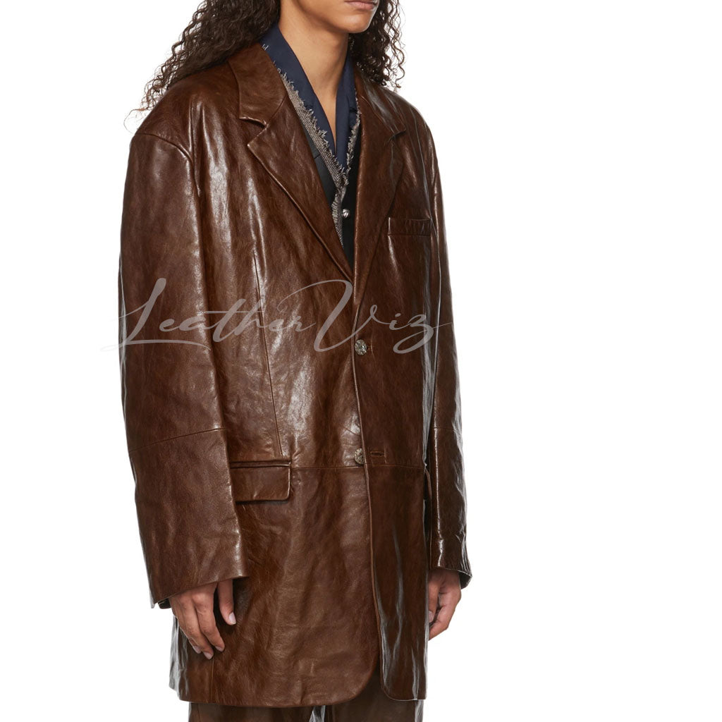 LOOSE FITTING MEN BROWN LEATHER COAT