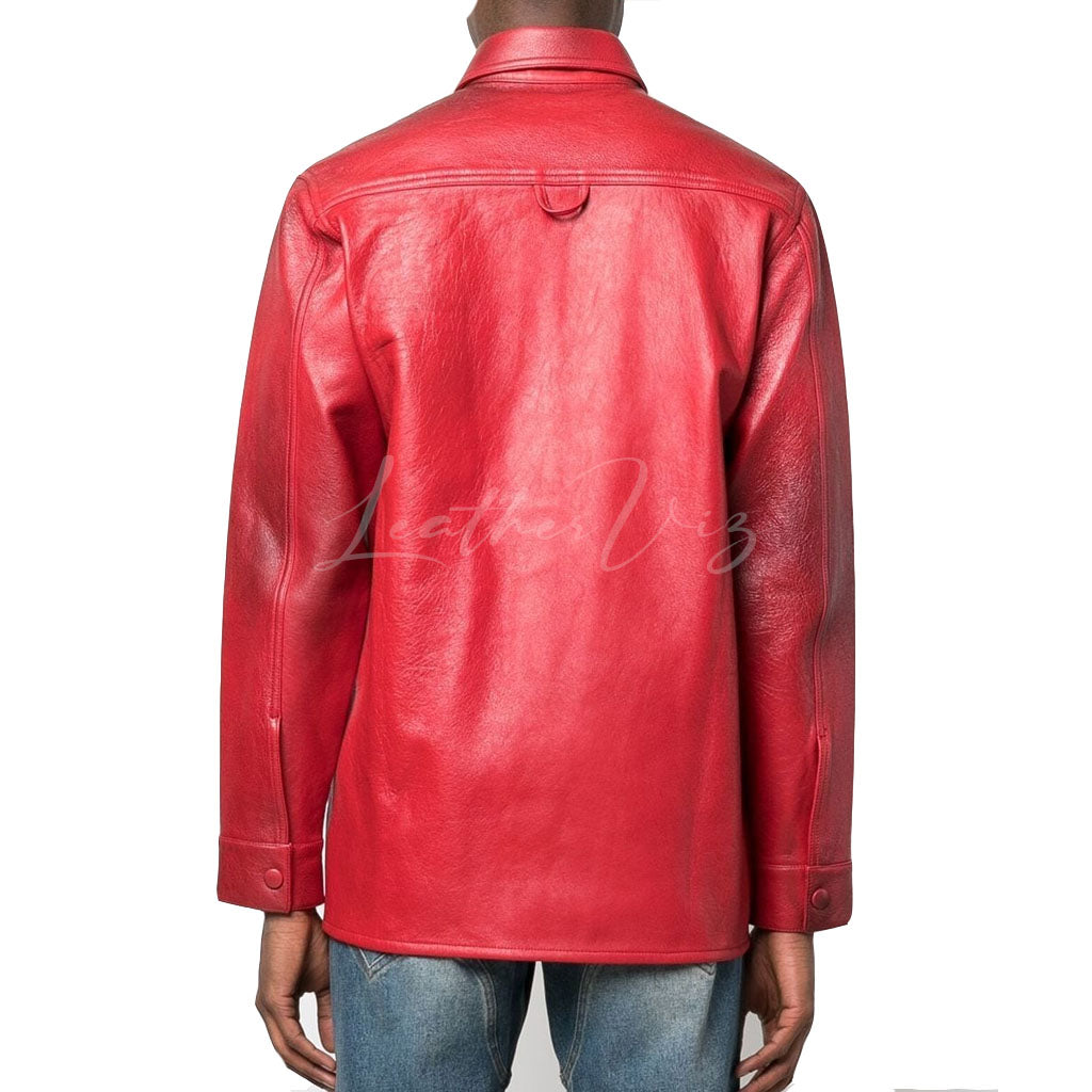 MEN BLOOD RED LEATHER OVER SHIRT