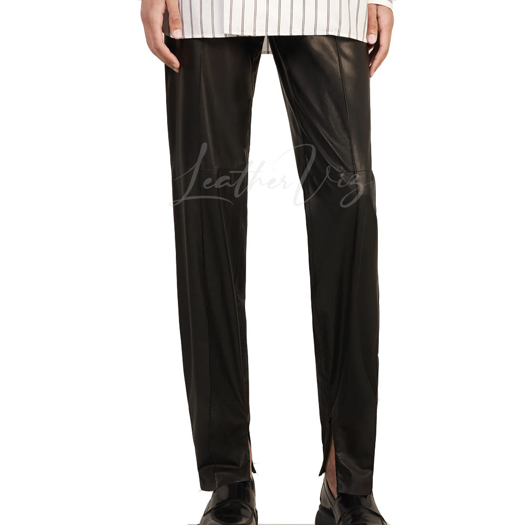 MEN LEATHER TAPERED TROUSERS WITH ZIP DETAIL