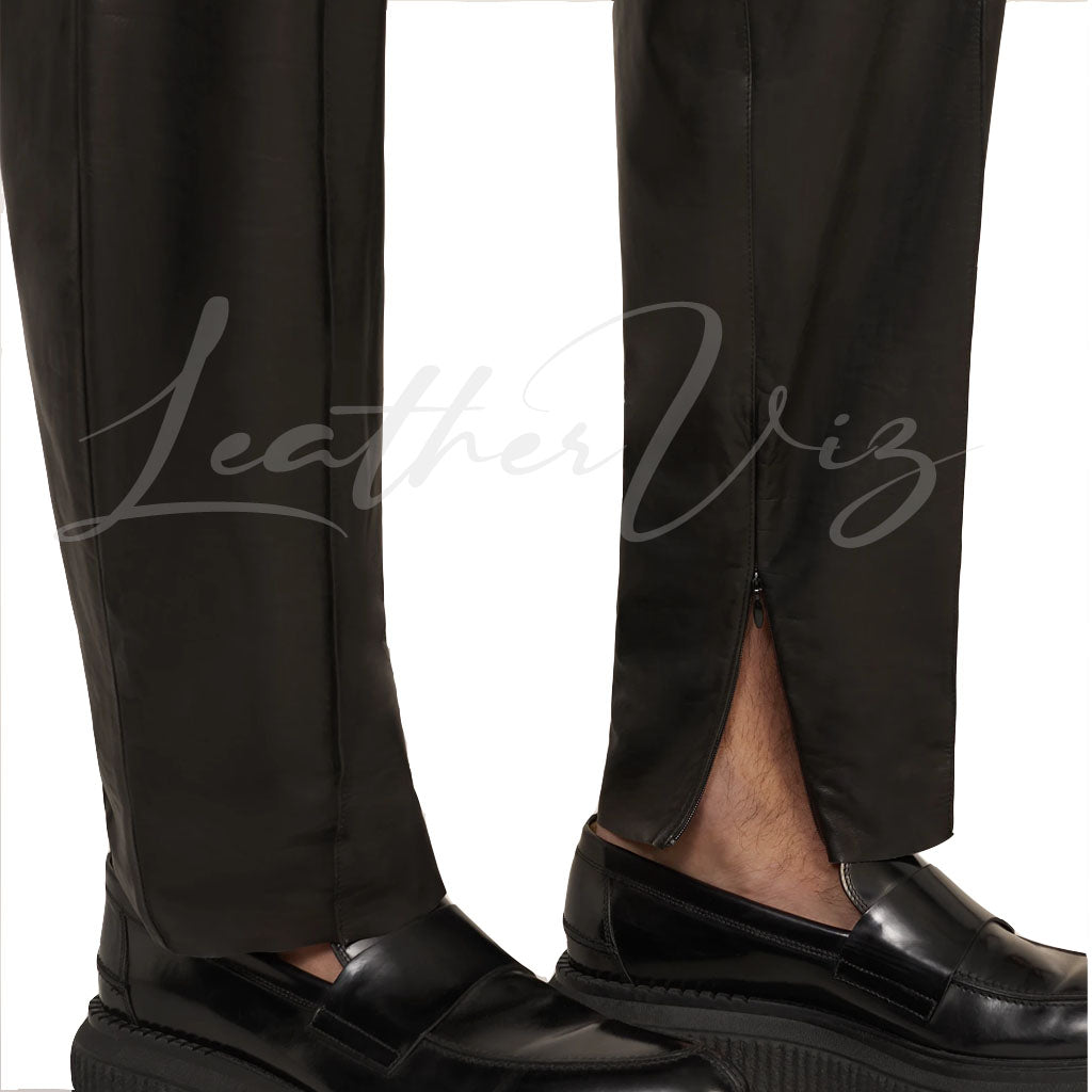 MEN LEATHER TAPERED TROUSERS WITH ZIP DETAIL