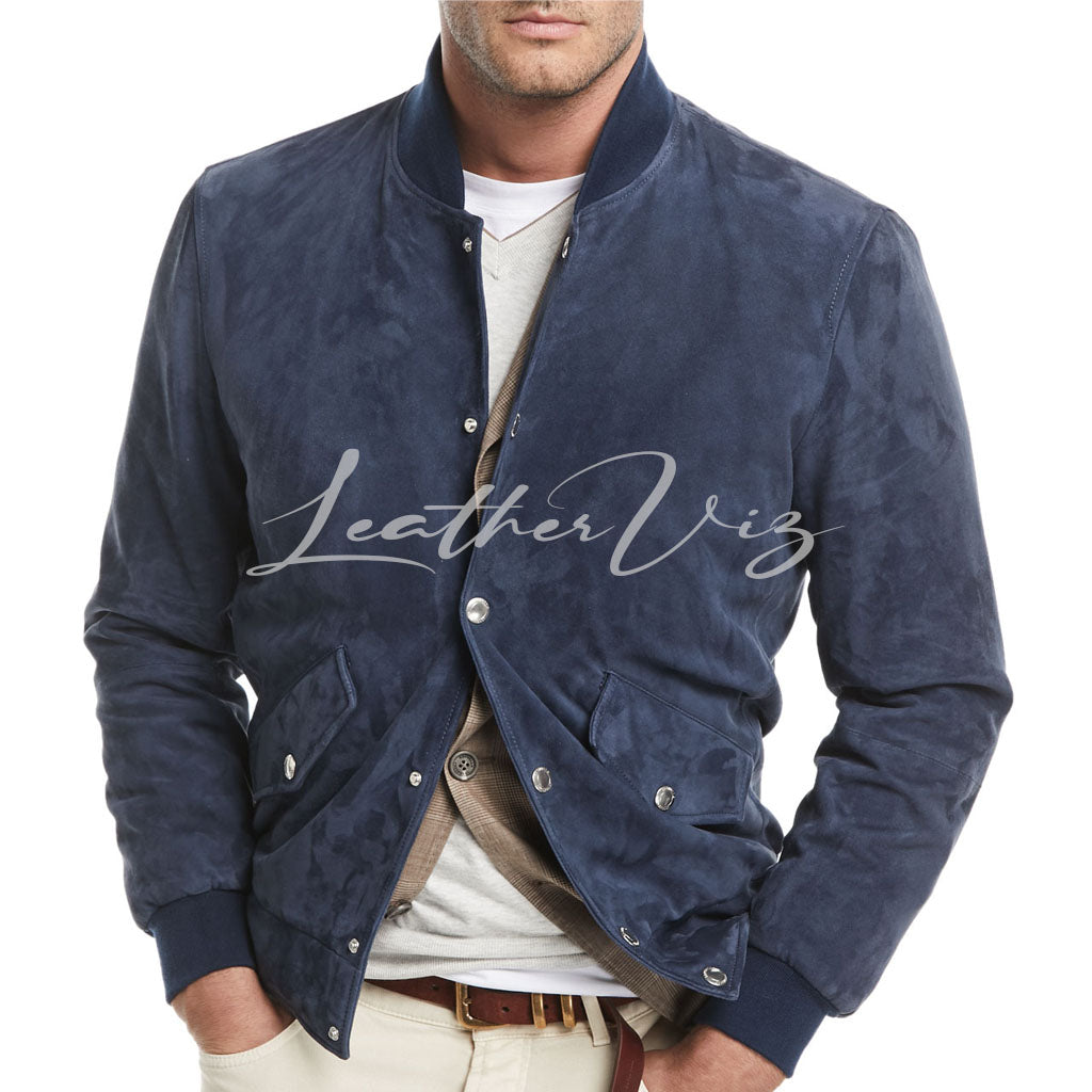 MEN NAVY SUEDE LEATHER BOMBER JACKET