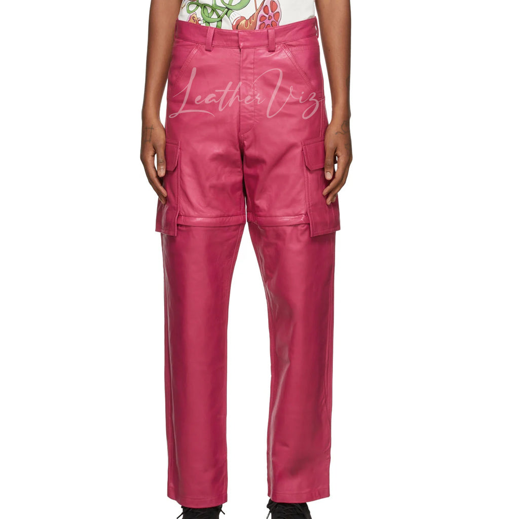 MEN PINK LEATHER CARGO PANTS