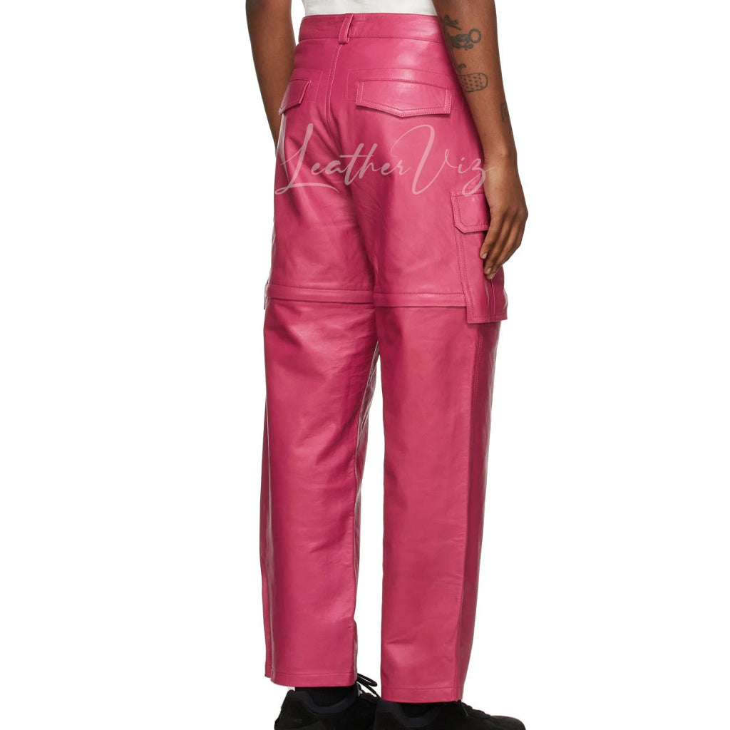 MEN PINK LEATHER CARGO PANTS