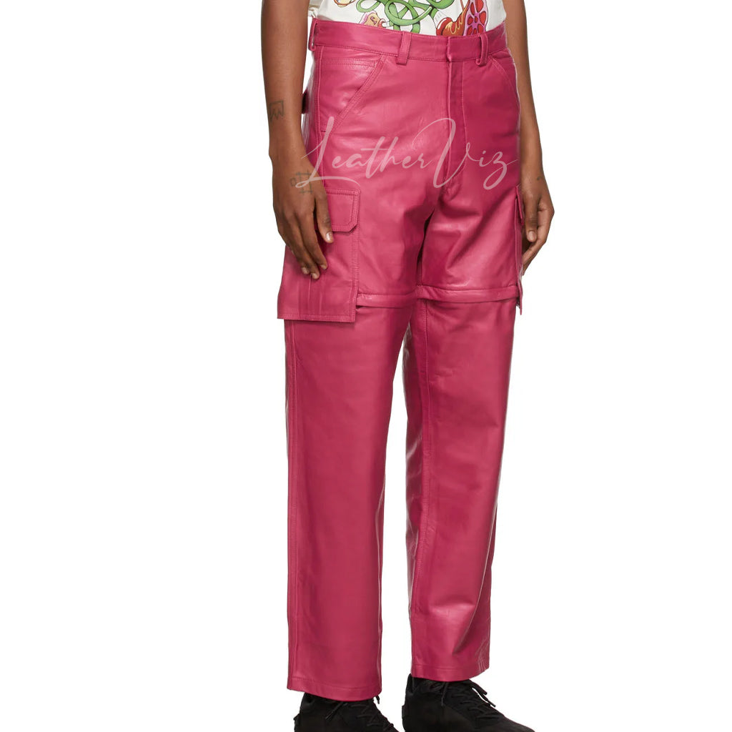 MEN PINK LEATHER CARGO PANTS