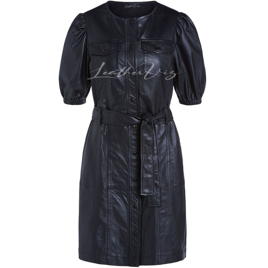 MINI BLACK LEATHER DRESS WITH BALLOON SLEEVES