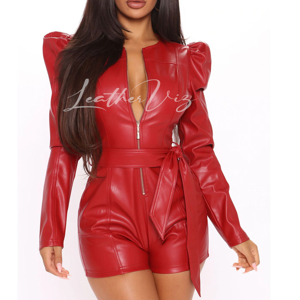 MINI LENGTH WOMEN RED LEATHER JUMPSUIT