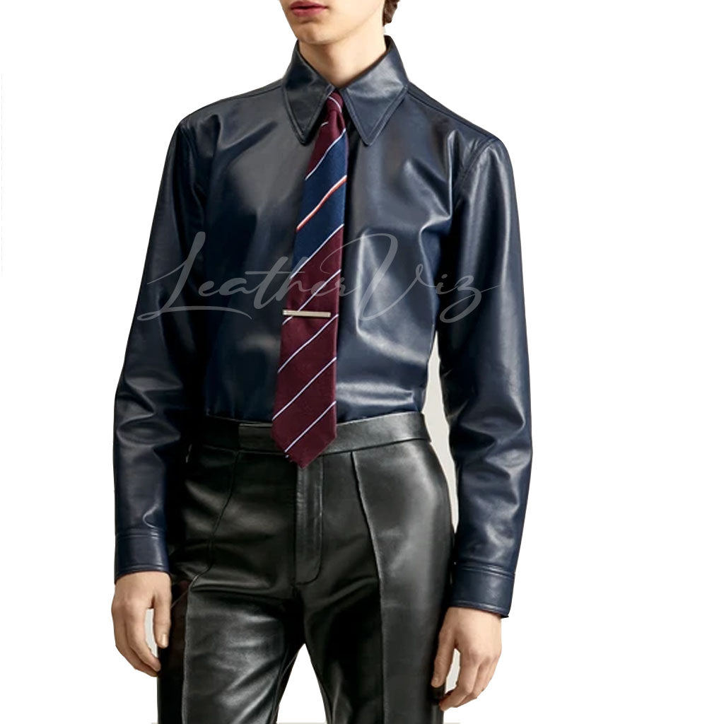 NAVY LEATHER SHIRT FOR MEN