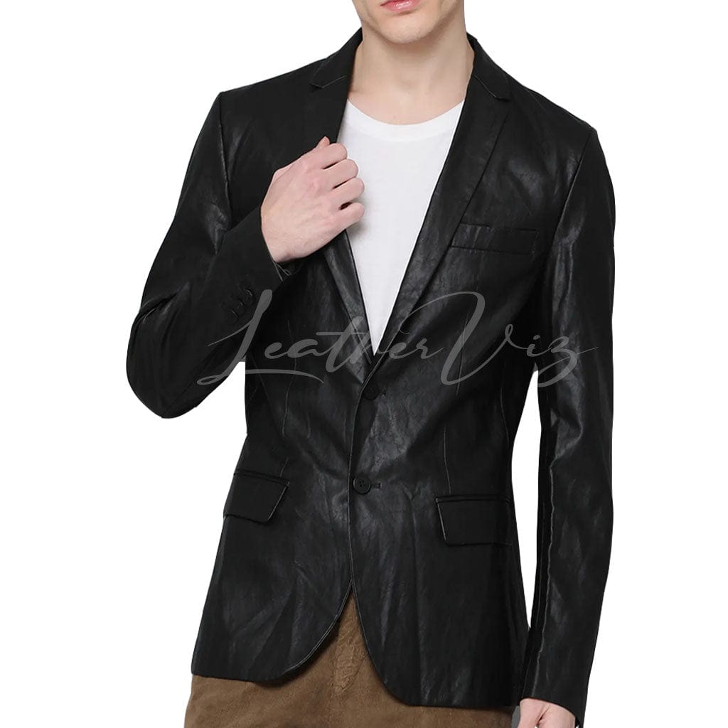 NOTCH COLLAR SINGLE BREASTED MEN LEATHER BLAZER