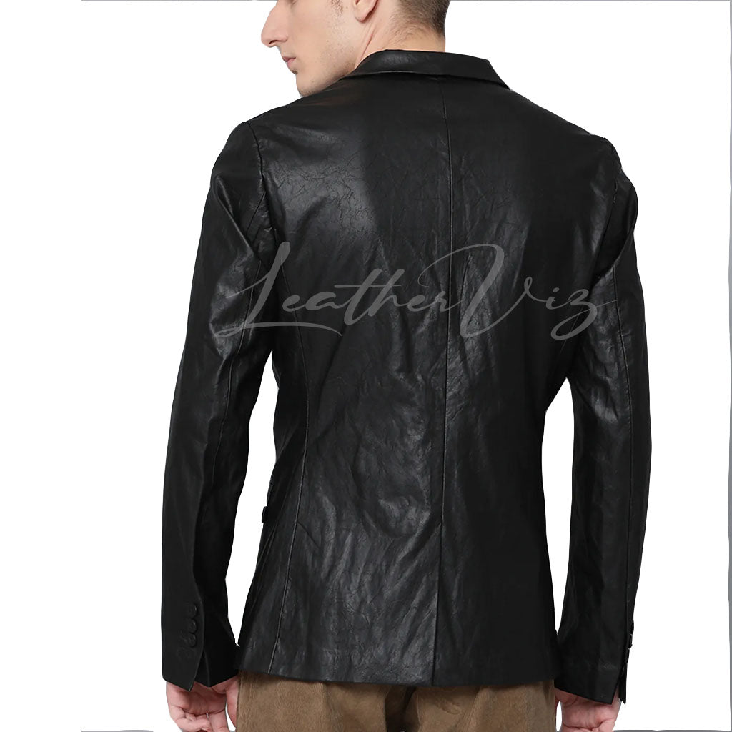 NOTCH COLLAR SINGLE BREASTED MEN LEATHER BLAZER