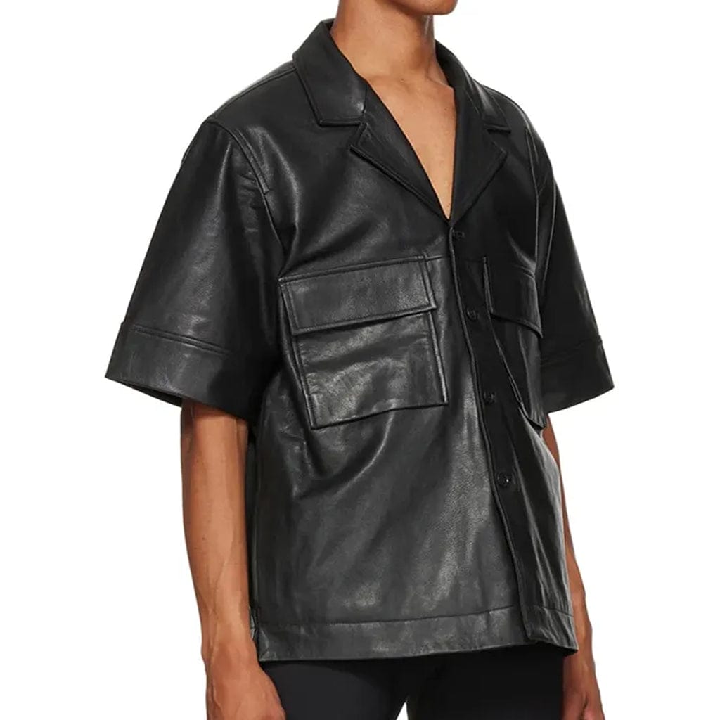 notch collar men leather shirt