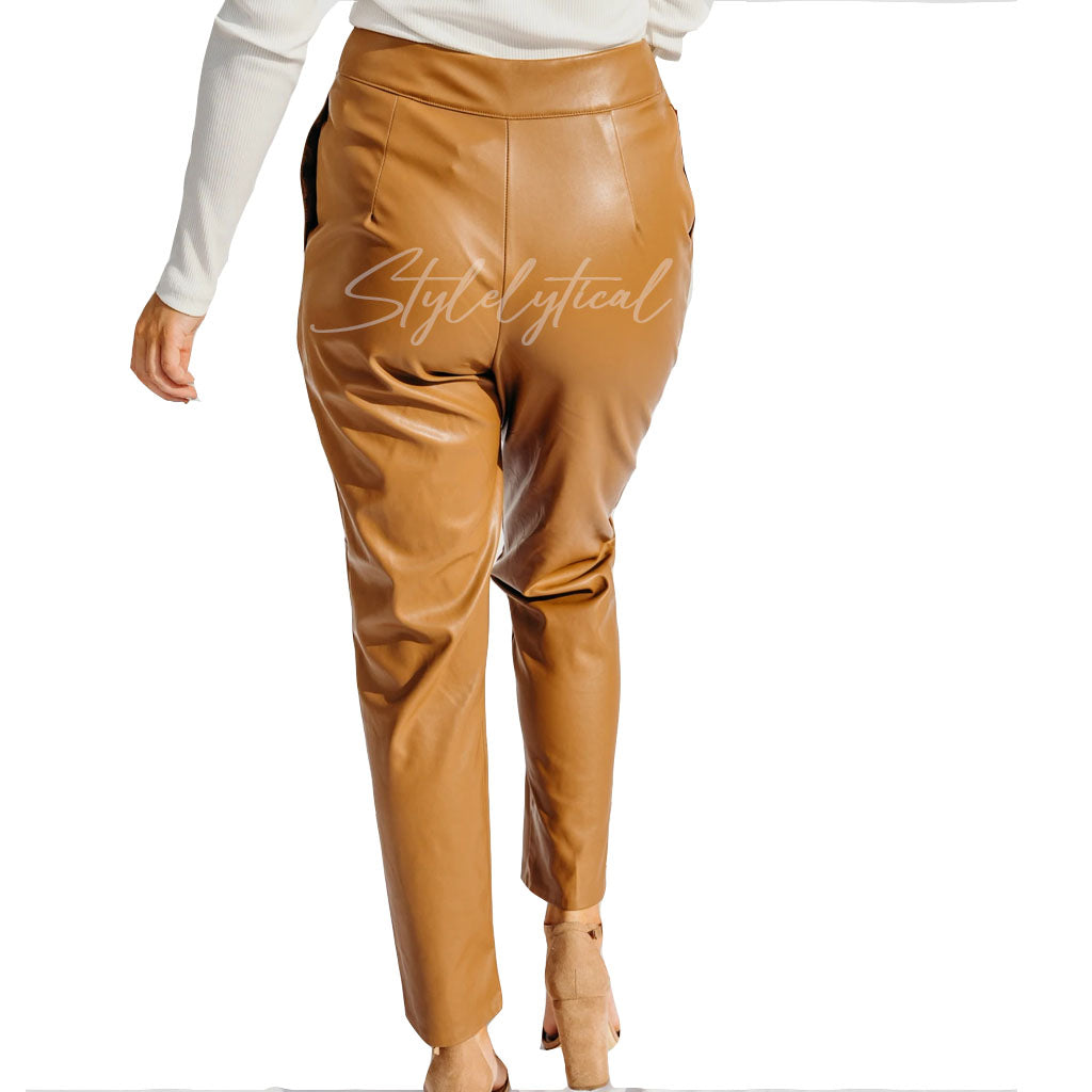 OFF CENTERED BUTTON CLOSURE WOMEN LEATHER TROUSERS