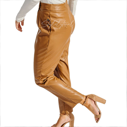 OFF CENTERED BUTTON CLOSURE WOMEN LEATHER TROUSERS