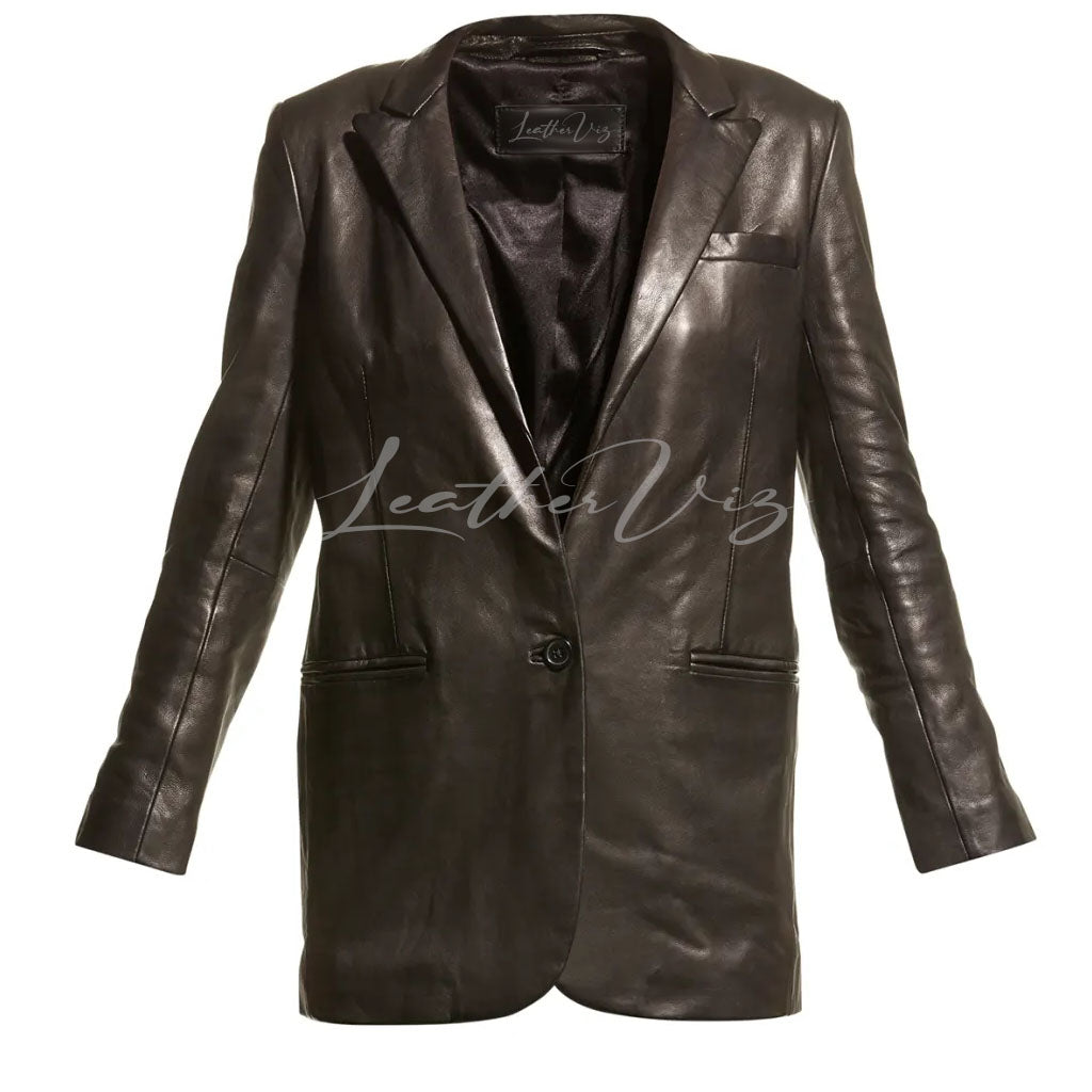 ONE-BUTTON FRONT LEATHER BLAZER FOR WOMEN