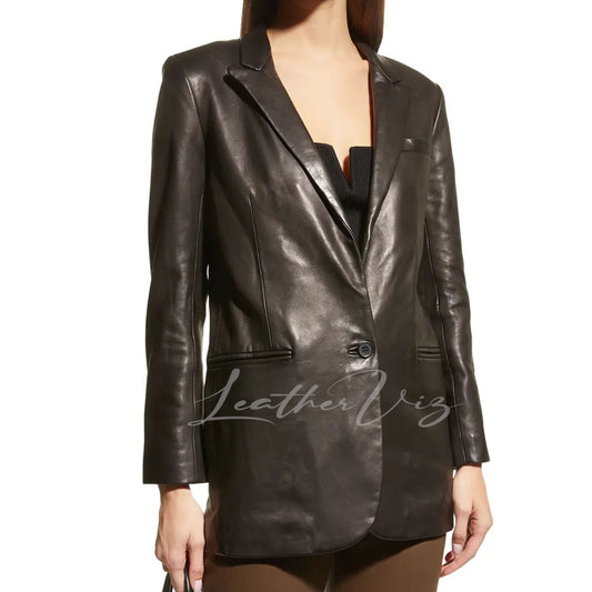 ONE-BUTTON FRONT LEATHER BLAZER FOR WOMEN
