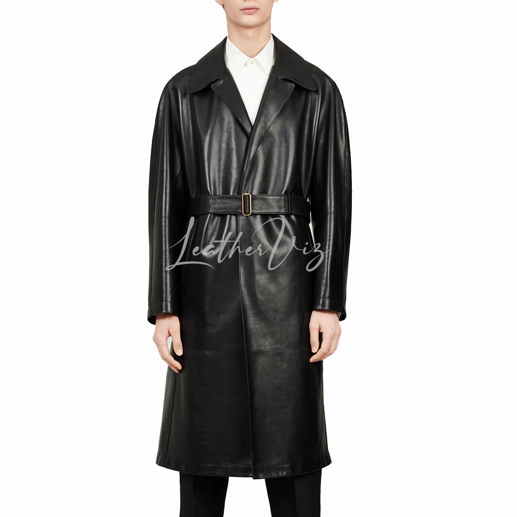 OPEN FRONT MEN LEATHER TRENCH COAT
