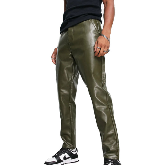 Olive Leather Tapered Trousers For Men