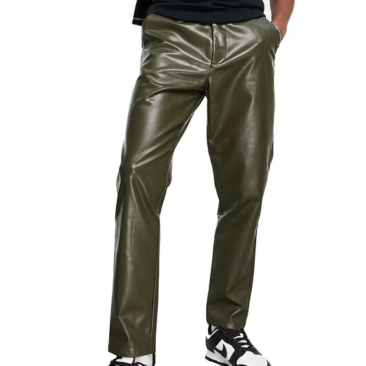 Olive Leather Tapered Trousers For Men