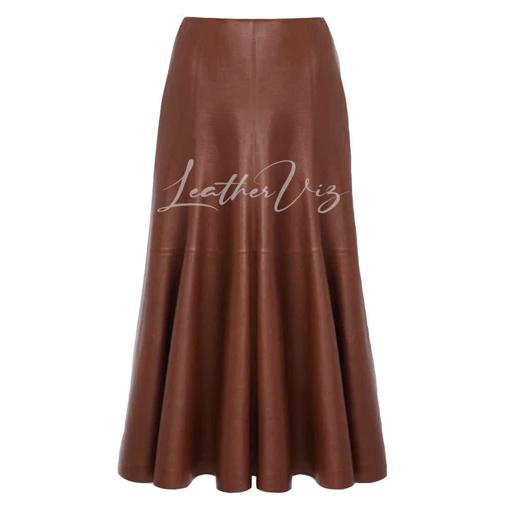 PANELED DETAILING FLARED MIDI LEATHER SKIRT