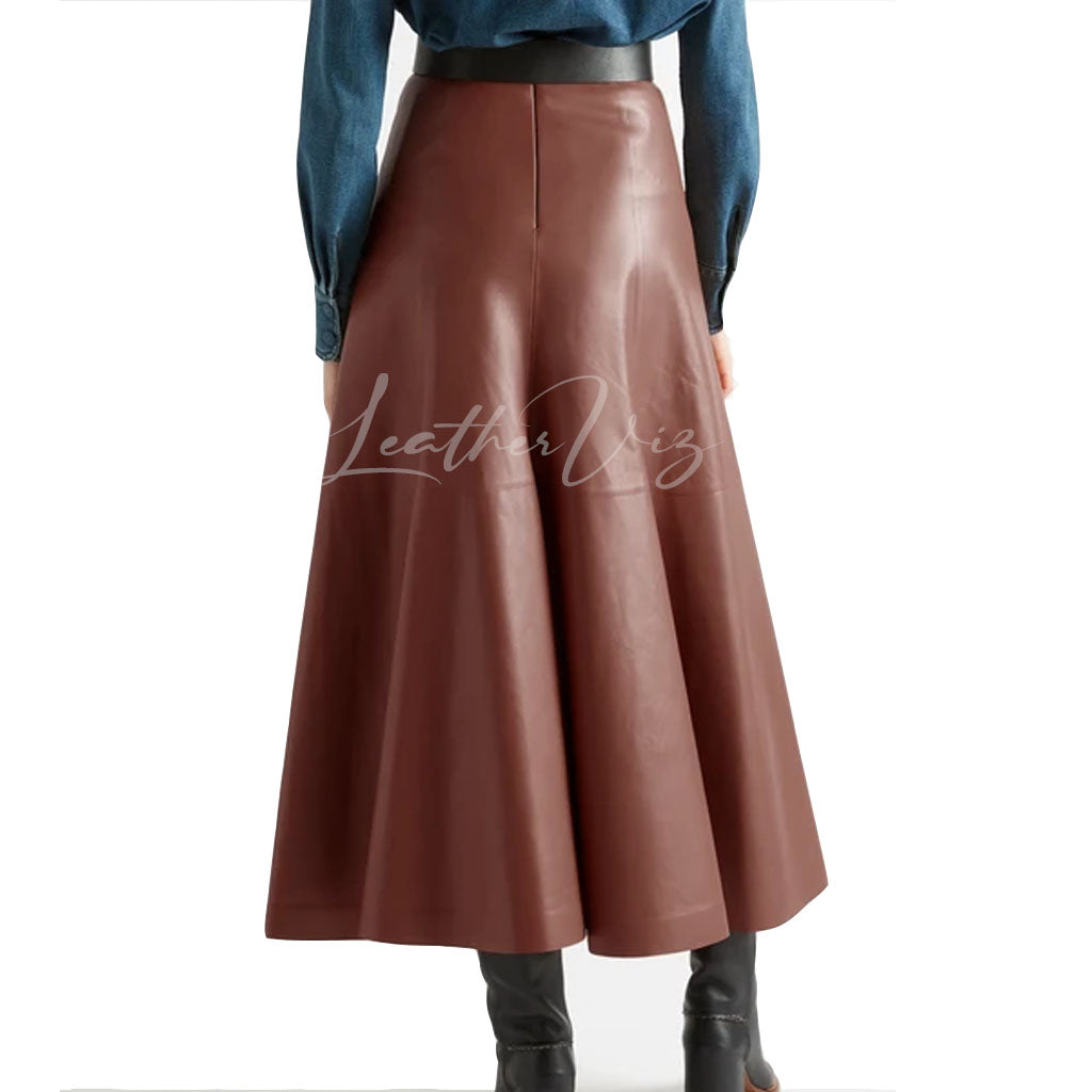 PANELED DETAILING FLARED MIDI LEATHER SKIRT