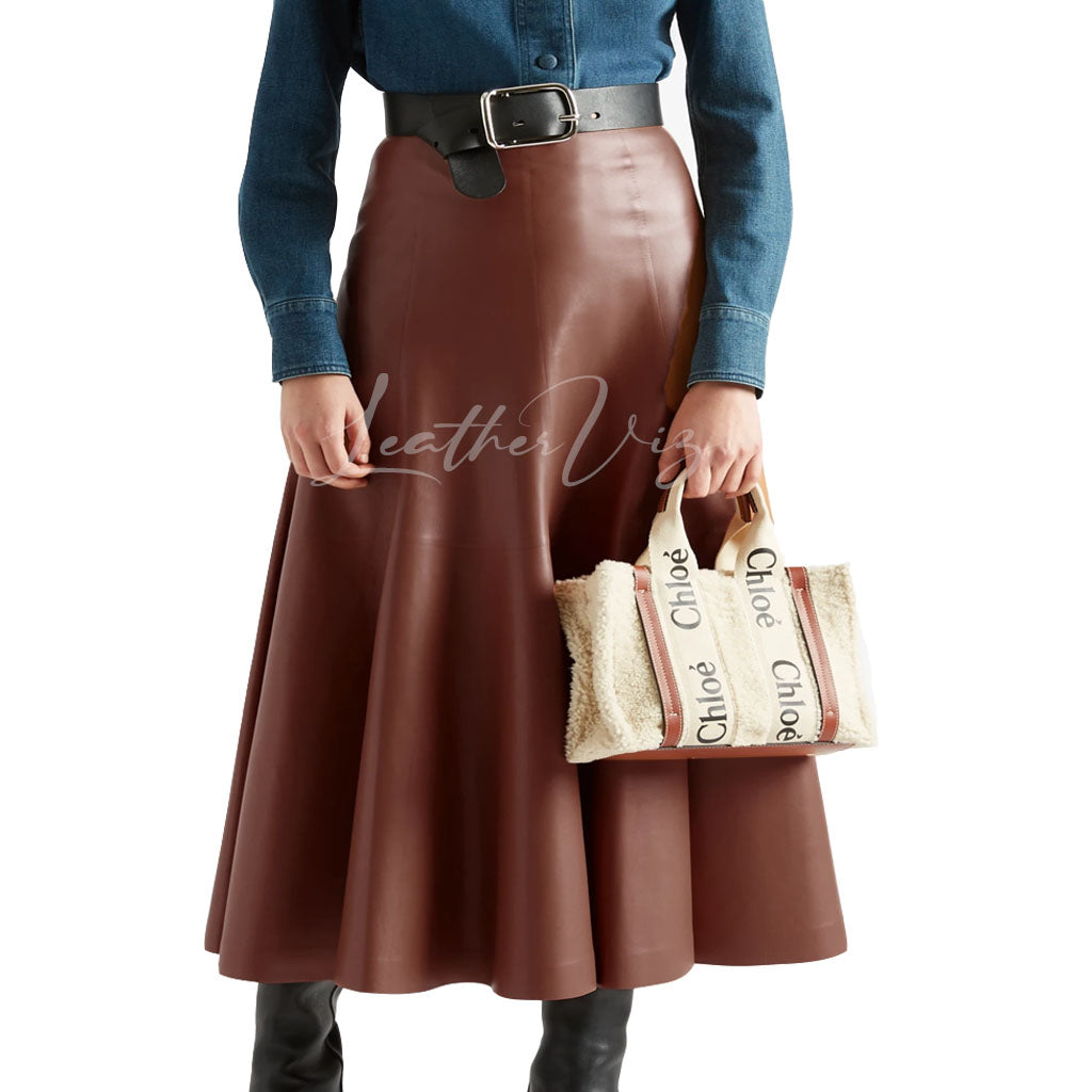 PANELED DETAILING FLARED MIDI LEATHER SKIRT