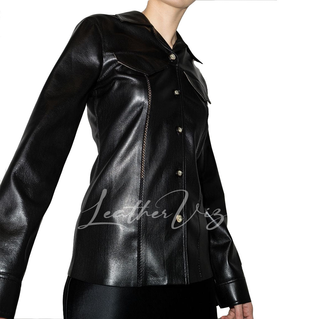 PANELED DETAILING WOMEM LEATHER SHIRTS