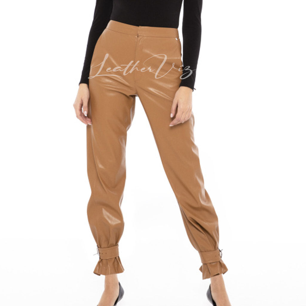 PAPER BAG HEM WOMEN FAUX LEATHER PANTS