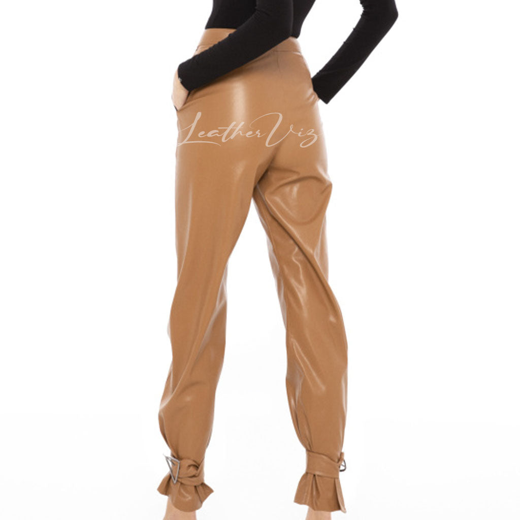 PAPER BAG HEM WOMEN FAUX LEATHER PANTS