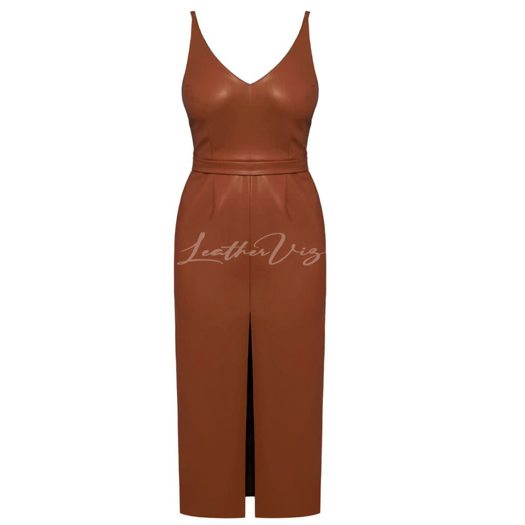 PARTY STYLE MIDI LEATHER DRESS WITH FRONT SLIP