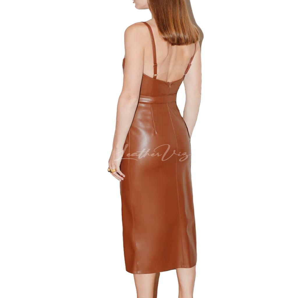 PARTY STYLE MIDI LEATHER DRESS WITH FRONT SLIP