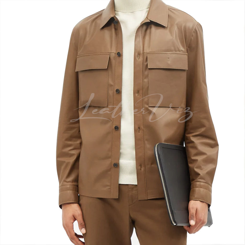 PATCH FLAP POCKET MEN LEATHER OVERSHIRT