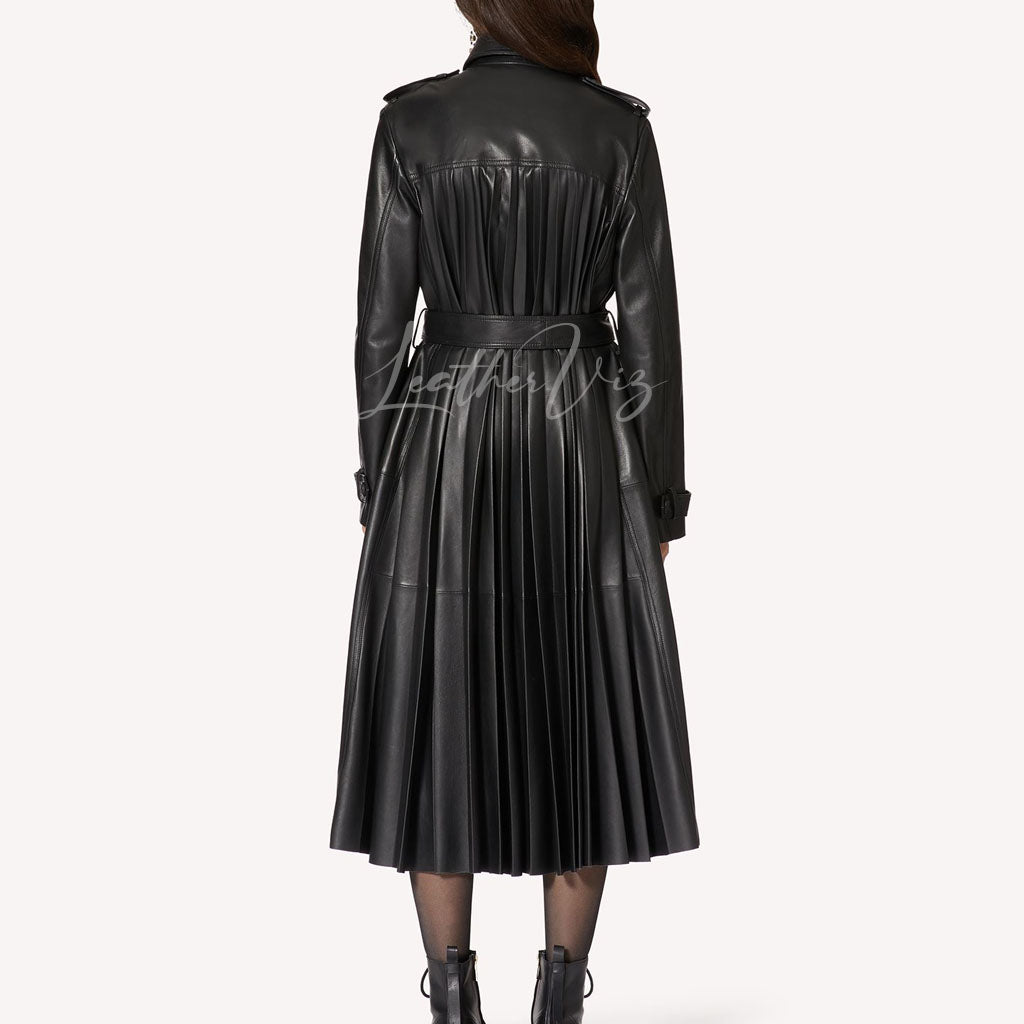 PLEATED CONSTRUCTION WOMEN LEATHER TRENCH COAT