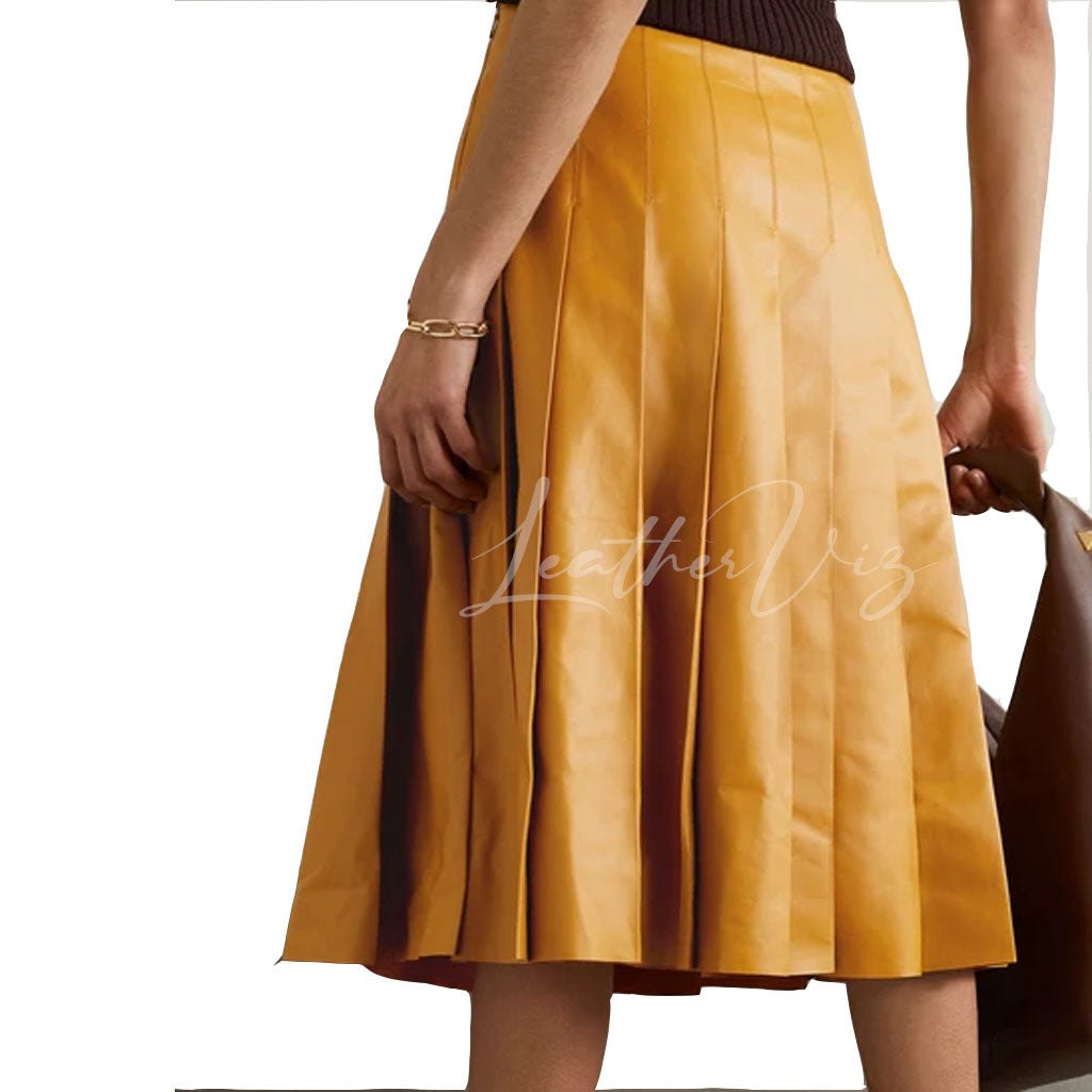 PLEATED STYLE FLARED LEATHER SKIRT FOR WOMEN
