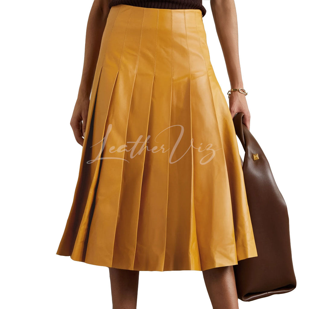 PLEATED STYLE FLARED LEATHER SKIRT FOR WOMEN