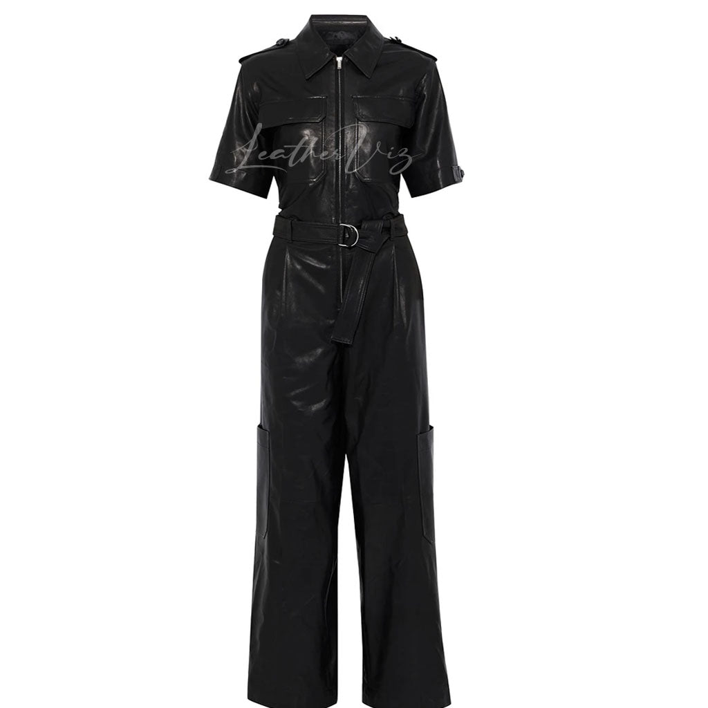 PLEATED STYLE WIDE-LEG LEATHER JUMPSUIT FOR WOMEN