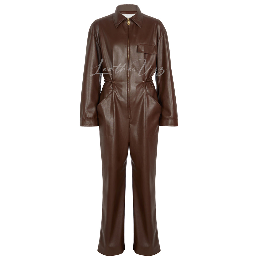 POINT COLLAR WOMEN BROWN LEATHER JUMPSUIT