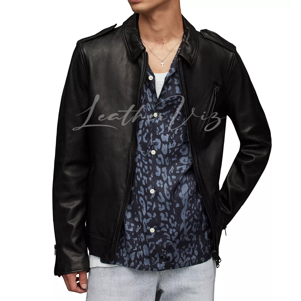 POINTED COLLAR MEN BLACK LEATHER JACKET