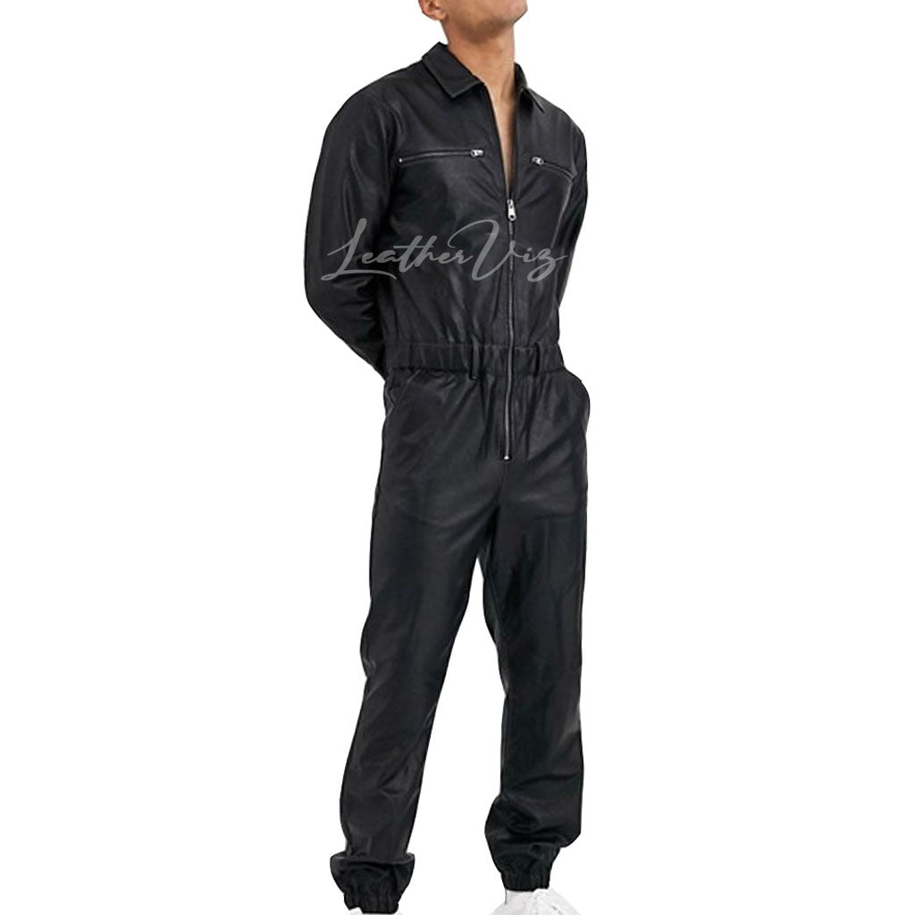 Men Black leather overall