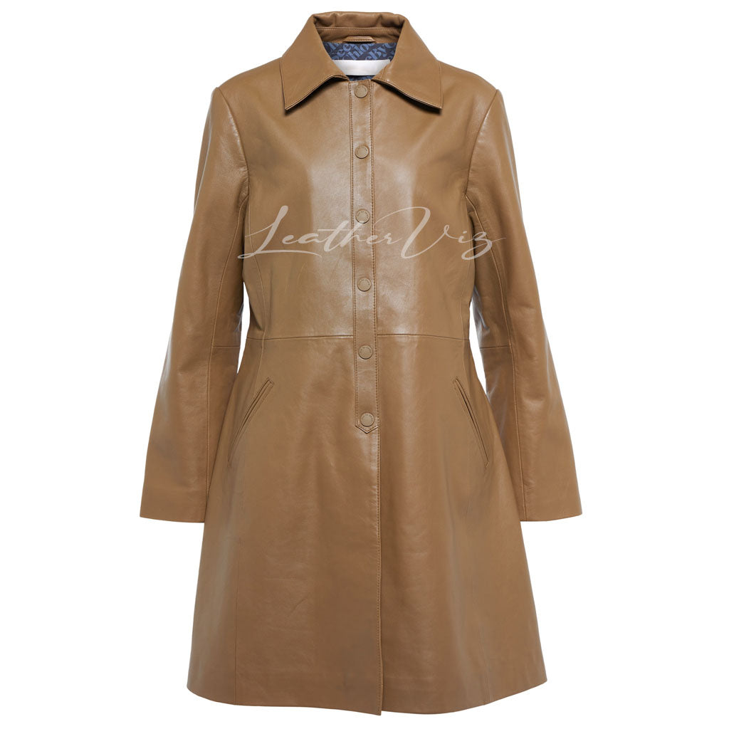 POINTED COLLAR WOMEN LEATHER COAT