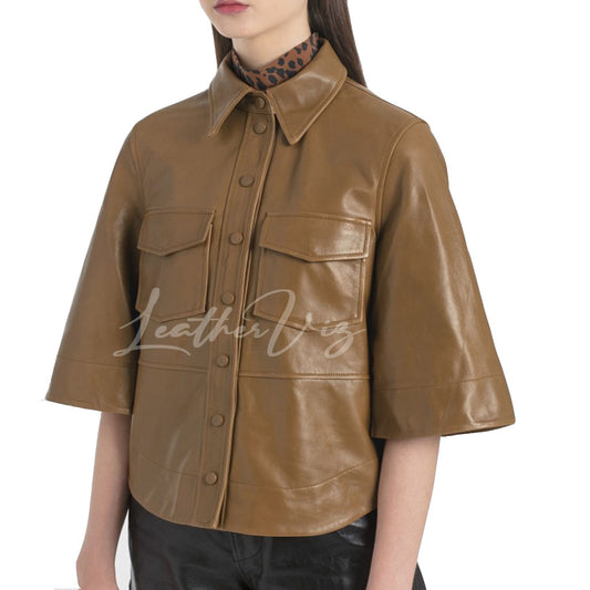 POINTED COLLAR WOMEN LEATHER SHIRT