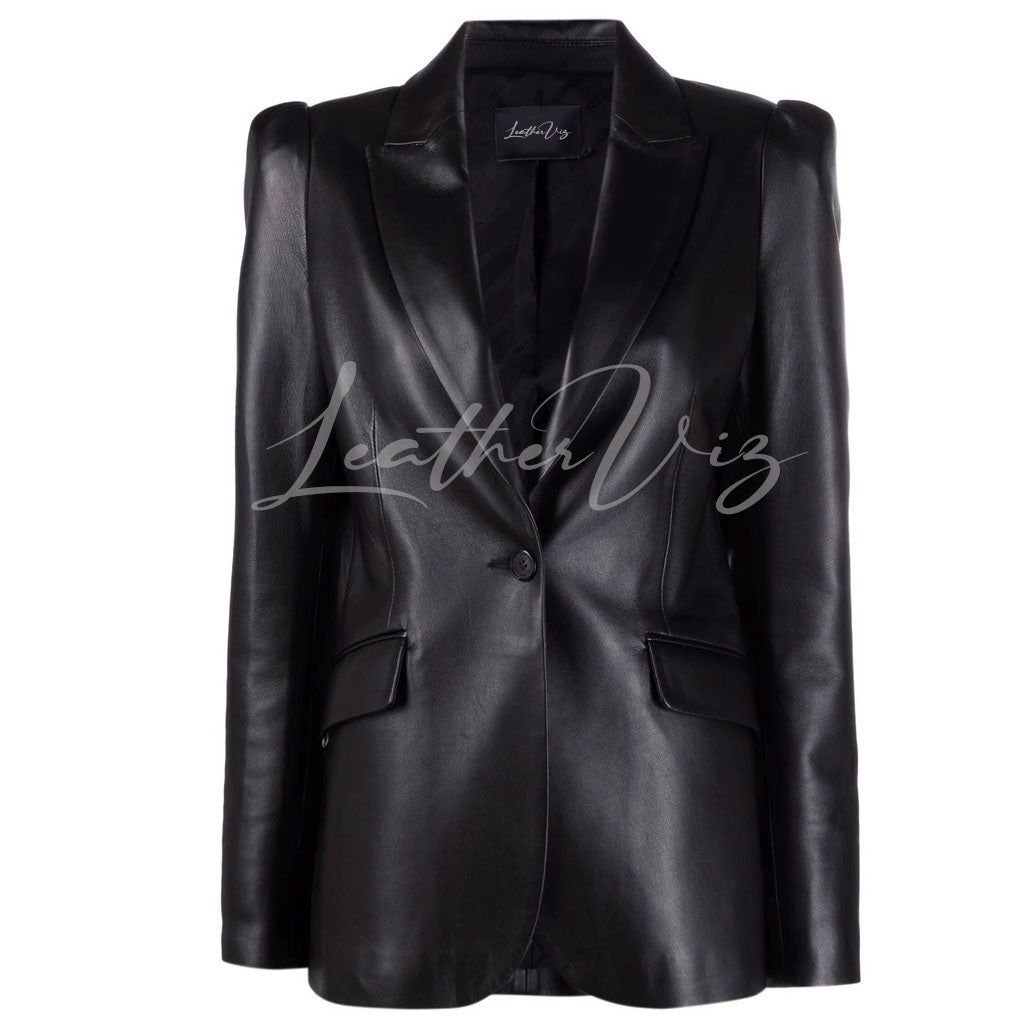 PUFF SLEEVES CORPORATE SINGLE-BREASTED LEATHER BLAZER