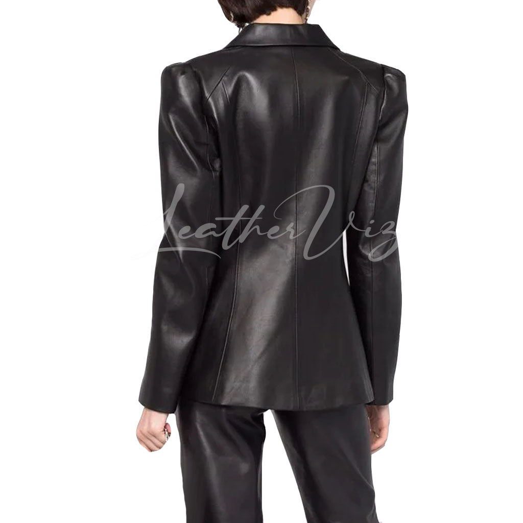 PUFF SLEEVES CORPORATE SINGLE-BREASTED LEATHER BLAZER