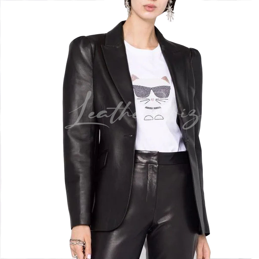 PUFF SLEEVES CORPORATE SINGLE-BREASTED LEATHER BLAZER