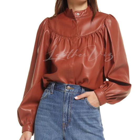 PUFF SLEEVES FAUX LEATHER SHIRT FOR WOMEN